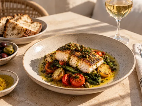 Prato de peixe grelhado com legumes da época