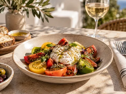 Salada de tomate com burrata, servida na esplanada
